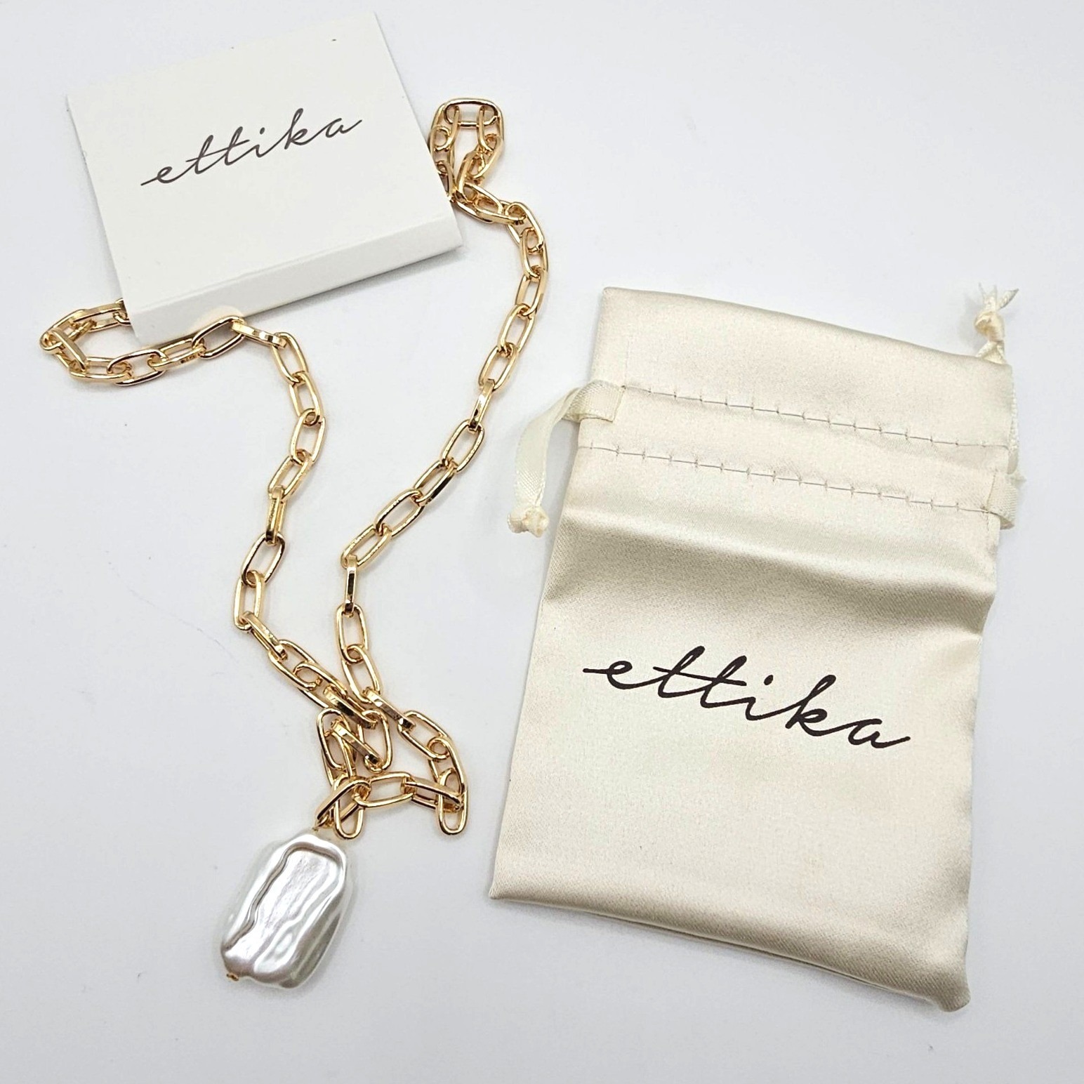 Ettika 18k Gp Baroque Pearl Pendant Necklace Gold Paperclip Chain Wedding Nwt